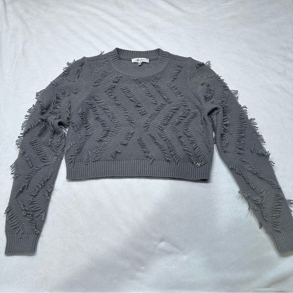 Milly Cropped Fringe Looped Gray Knit Sweater‎ Small - Picture 4 of 11